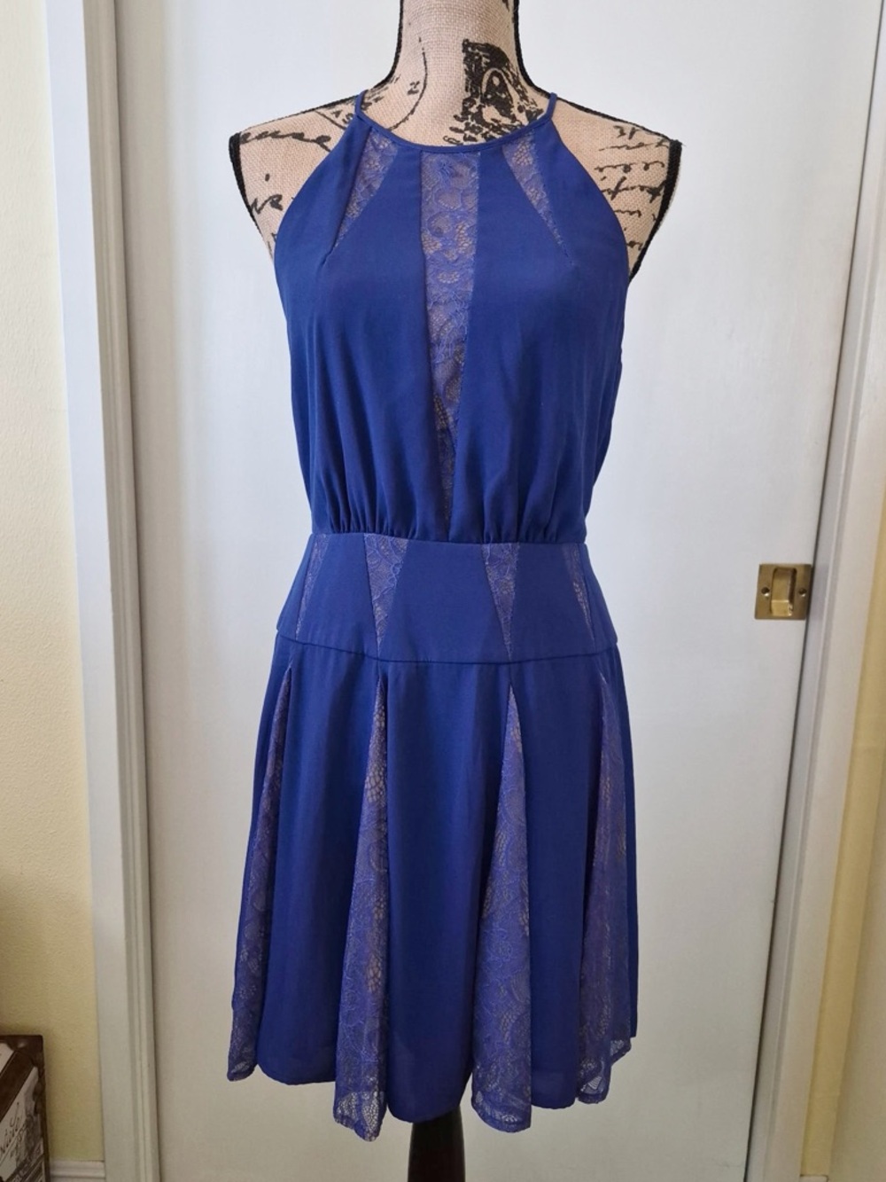 BCBGMaxAzria Royal Blue Halter Lace Inset Mini Dress